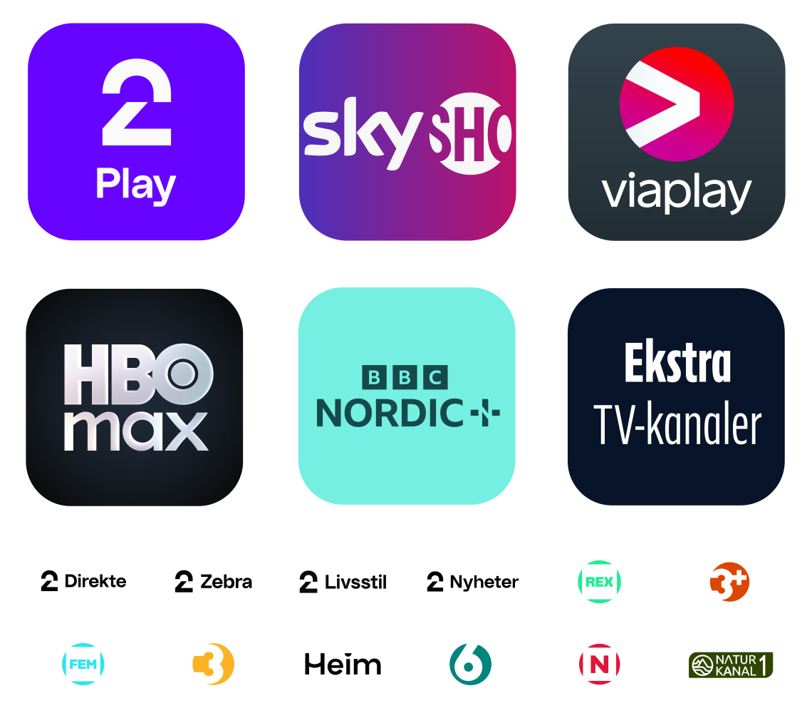 Bilde som viser logoene til TV 2 Play, Viaplay, Prime, Max, SkyShowtime og ekstra TV-kanaler i tillegg til de 12 TV-kanalene som er inkludert: TV 2 Direkte, TV 2 Zebra, TV 2 Livsstil, TV 2 Nyheter, Rex, 3+, Fem, TV 2, Heim, TV6, TV Norge og Naturkanal1.