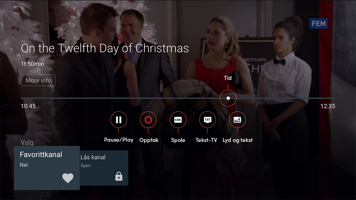Valgmeny: Pause/Play, Opptak, Spole, se Tekst-TV, endre Lyd og tekst